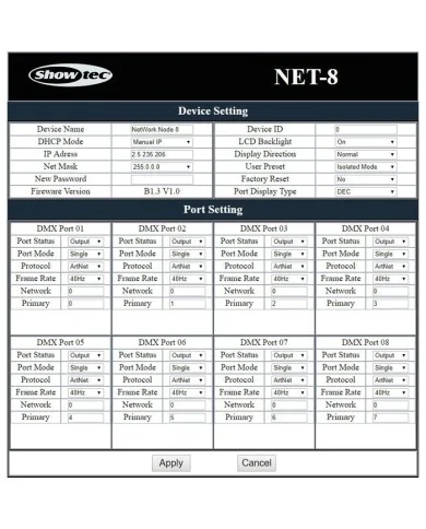 Interfaccia artNet DMX.Supporto per protocolli artnet, sACN e klingnet